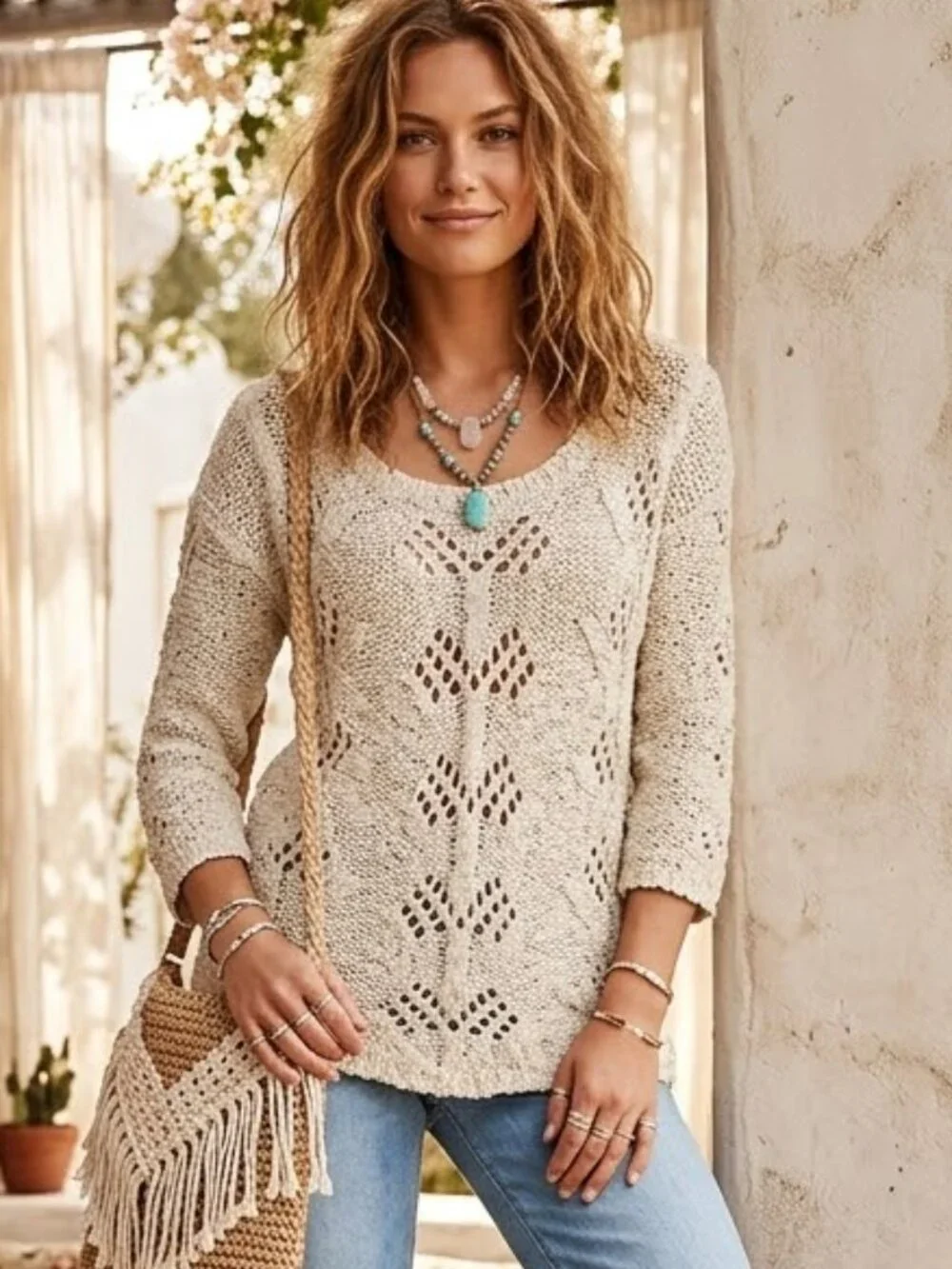 Anthropologie Knitted & Knotted Crochet Boho Open Knit Pullover Top size S